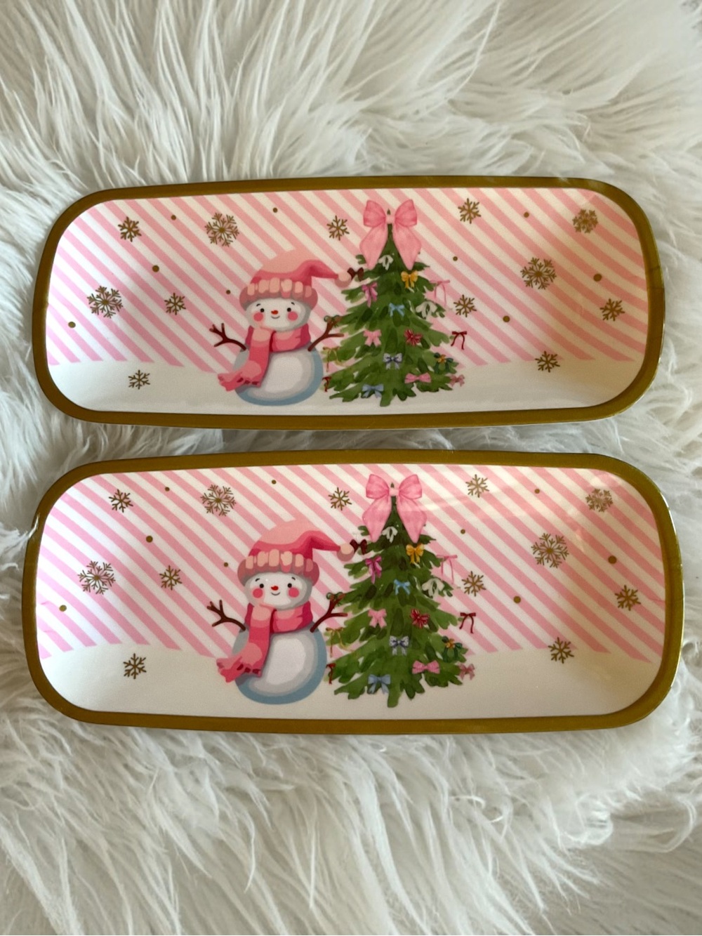 Set of Two Snowman Christmas Appetizer Trays Pink Green and Gold